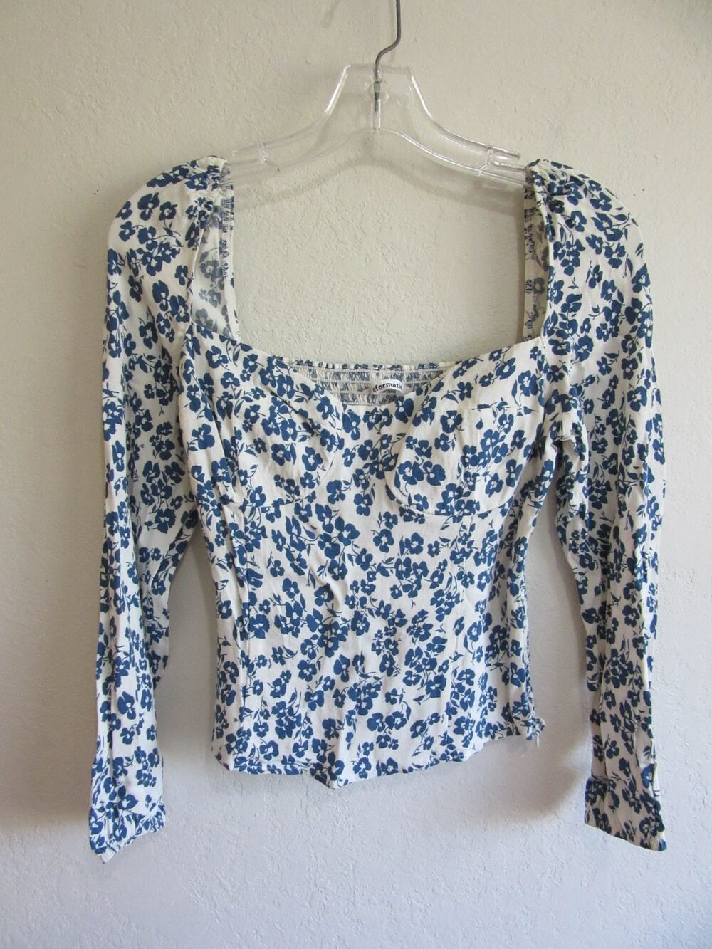 REFORMATION White/Blue On or Off Shoulder 10 Floral Pattern Smocked Blouse-CA